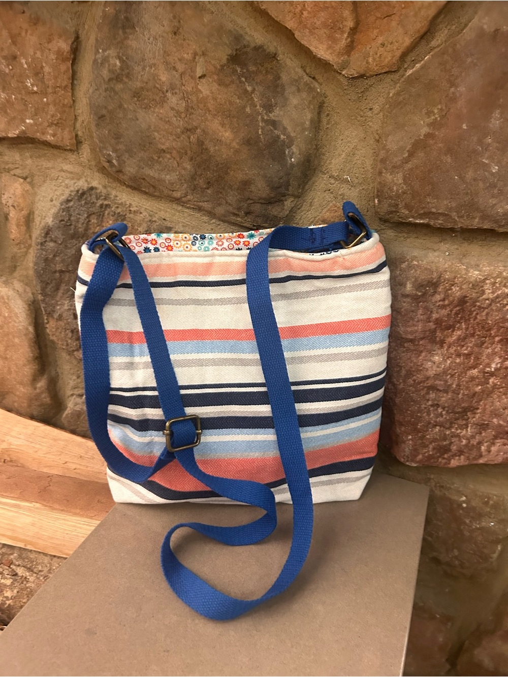 Bag Striped Canvas Crossbody Bag with Bold Blue Strap fabric passport!